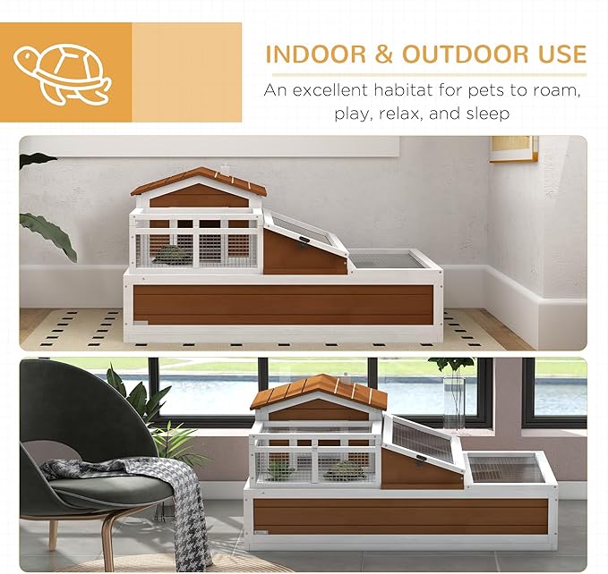 PawHut 3- Room Tortoise House Habitat with Balcony & 2 Stories, Indoor/Outdoor Wooden Tortoise Enclosure with Ladder, Tray, Openable Roof, Large Reptile Cage, 44" x 25. 5" x 23", Coffee