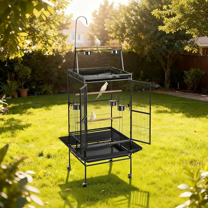 VEVOR Bird Cage, 32.7 x 31.1 x 82.7 inch, Open Flat Top, Wrought Iron Bird Flight Cage with Perches, Slide-Out Tray, Plastic Feeders, for Cockatiel, Monk Parakeet, Amazon Parrot, African Grey Parrot