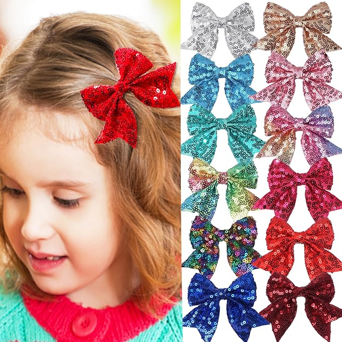 3-inch Sequined Bow Hair Clips For Baby Girls, Toddler, Kids and Young Women Birthday Party Wedding Christmas Occasions Pet Accessories Set of 2 (Royal Blue)