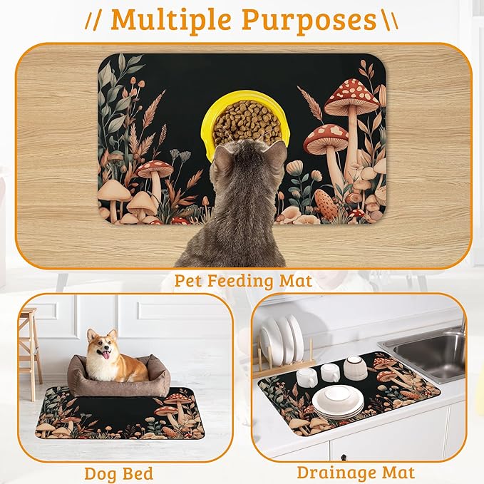 Vintage Mushroom Dog Food Mat,Leaf Absorbent Pet Feeding Mat for Food and Water Bowl,Quick Dry Dog Placemat Non Slip Rubber Backing Waterproof Pet Supplies 16" x 24"