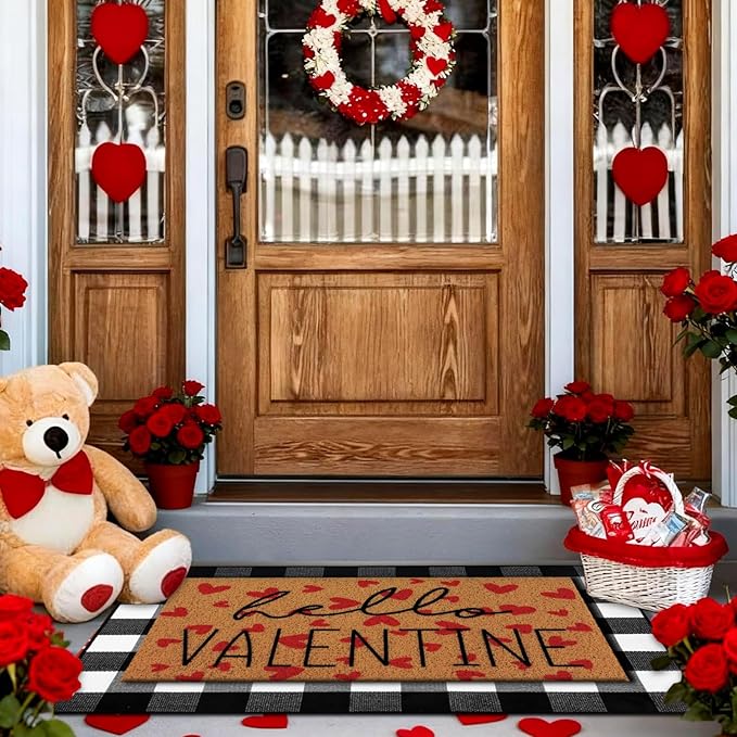 Tinideya 2 Pcs Valentine Door Mat Hello February 14th Welcome Non Slip Coir Mats Red Heart Black and White Plaid Floor Layering Doormats Seasonal for Front Porch Entryway Decor(Valentine)