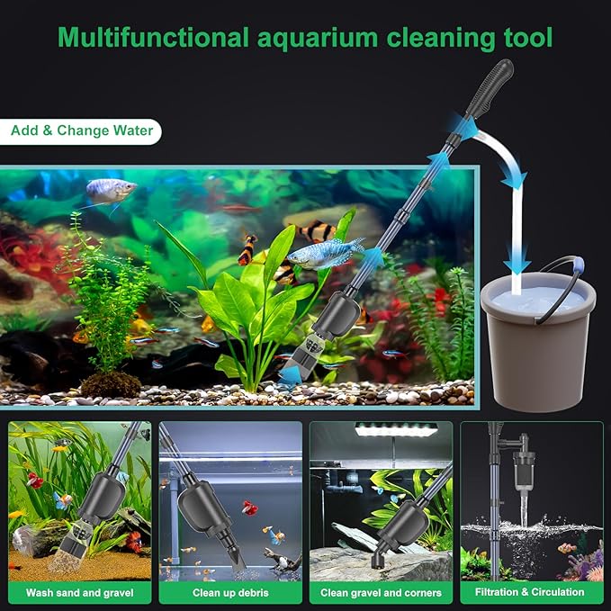 Electric Aquarium Vacuum Gravel Cleaner, 36W Electric Fish Tank Cleaning Tools with Strong Suction for Automatic Water Change Algae Filter Water Circulation Wash Sand 580GPH (Black)