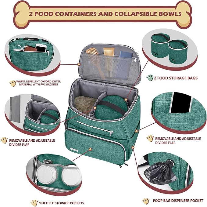 BAGLHER丨Dog Travel Bag Backpack, Airline Approved Pet Supplies Backpack, Dog Travel Bag with 2 Silicone Collapsible Bowls and 2 Food Baskets Green
