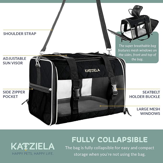 Katziela Deluxe Quilted Airline Approved Pet Dog & Cat Carrier for Airplane Travel (Large, Black)