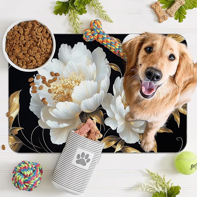 White Flowers Pet Feeding Mat,Glitter BloomingAbsorbent Quick-Dry Cat Dog Food and Water Bowl Mats,Non-Slip Rubber Backing Mat,Cat Dog Accessories Supplies 12"x20"