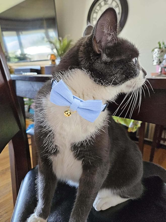 2 Pack Soft Corduroy Cat Collars with Bow Tie & Bell, Adjustable Breakaway Cotton Kitty Bowtie Collar for Female Male Cats(White & Blue)