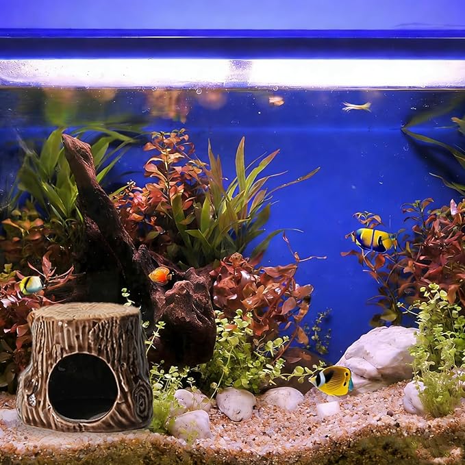 Aquarium Decor Cave Betta Fish Aquarium Accessories Ornaments Hiding Cave Wooden Stake Shape House Hideout for Shrimp Cichlid Hermit Crab, Octopus Hiding Breeding for Tank (Brown)