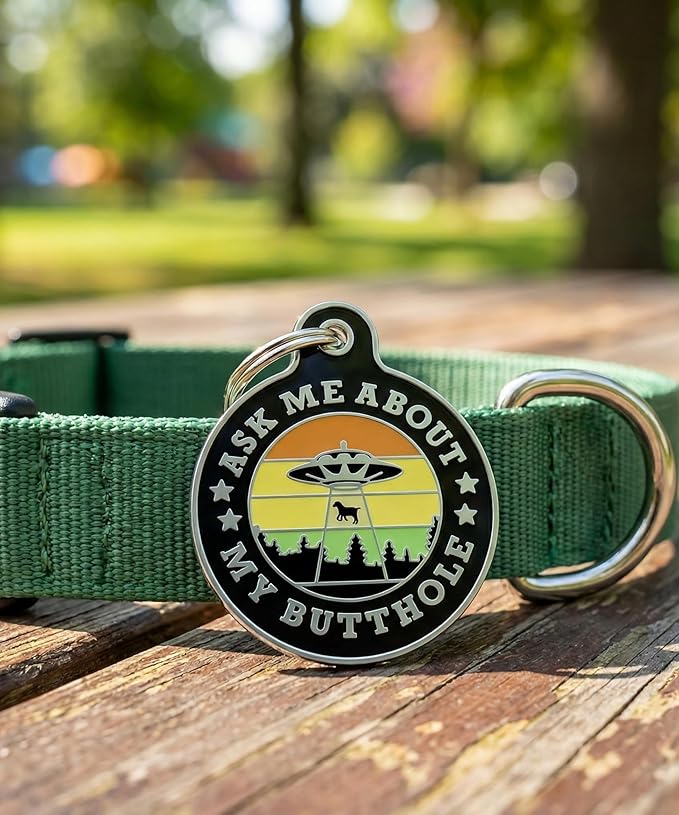 Bad Tags Personalized Dog and Cat ID Tags in 25+ Designs and 2 Sizes - 5 Lines of Custom Engraved Text - Funny Cute Personalized Pet Tags (Ask Me About My Butthole - Black, Large (1.25 inch))