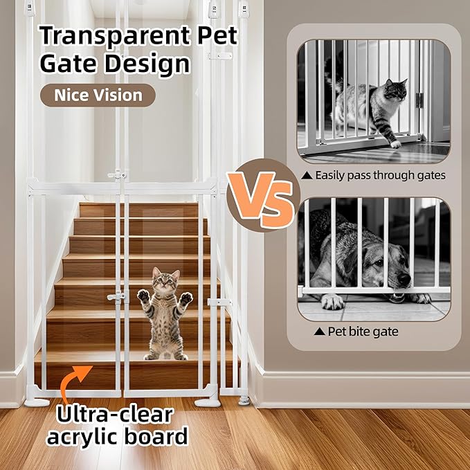 74.80-98.43'' Extra Tall Cat Gate, Adjustable 33.86 and 41.7" Wide, Transparent Full Door Pet Gate, Auto Close No Drilling Cat Proof Safety Gate for Doorway Stairs- White