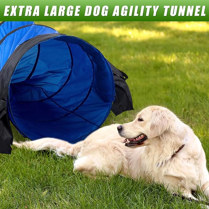 28 in 18 Foot Blue Extra Large Dog Agility Tunnel with Sandbags Dogs Agility Training Equipment Tunnel with 4 Pack Sandbags Carry Bag and 4 Ground Spikes for All Medium and Large Dogs