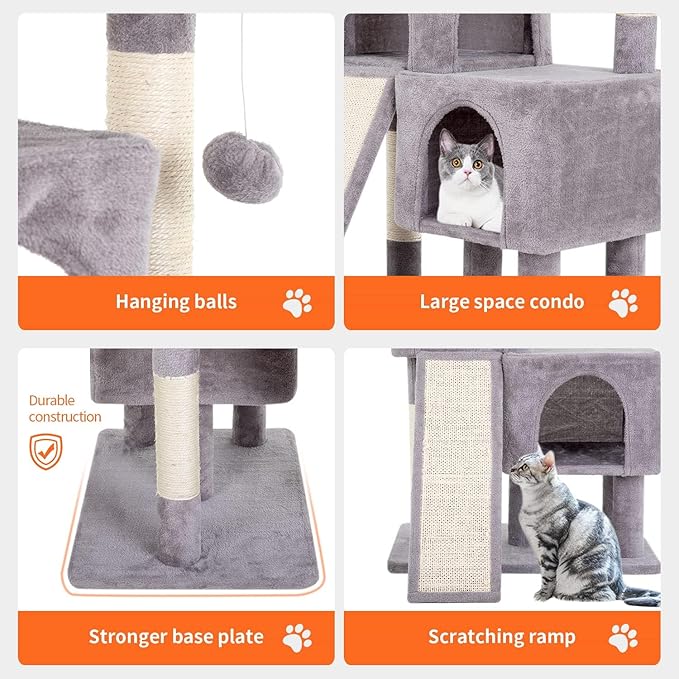 Cat Tree Tower, 36.4" Small Cat Tower for Indoor Cats with Cat Scratching Post with Bed, Cat Condo, Hang Ball, Multi-Level Cat Climbing Tower Cat Trees Cat Furniture Activity Center, Ashy