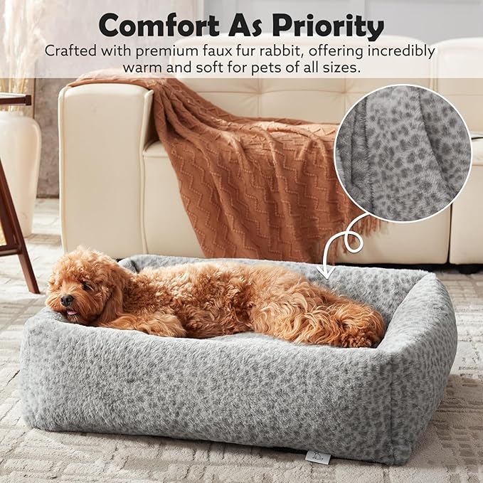 JOEJOY Dog Bed Medium Size Dog, Removable Washable Cover Orthopedic Soft Faux Rabbit Fur Pet Bed, Cute Calming Puppy Bed with Non Skid Bottom