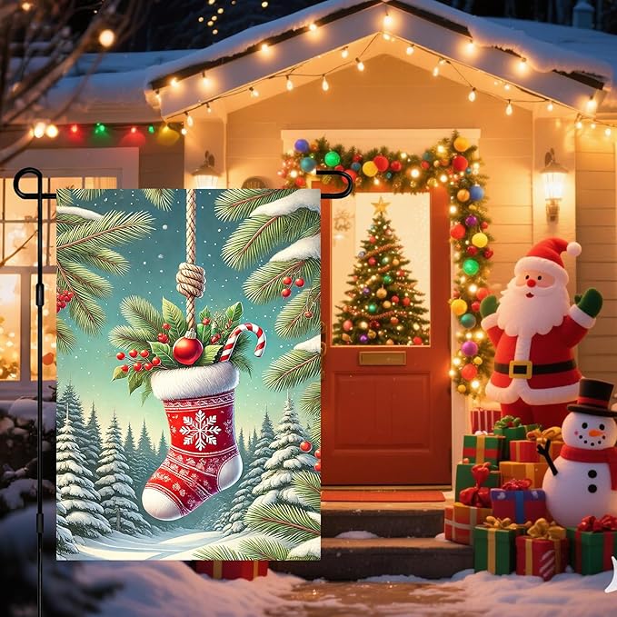 Christmas Garden Flag Christmas Stocking Garden Flag Snowflake Holiday Gardens Flags 12x18 Inch Double Sided Outdoor Decoration for Festive Season Yard Porch Lawn Display