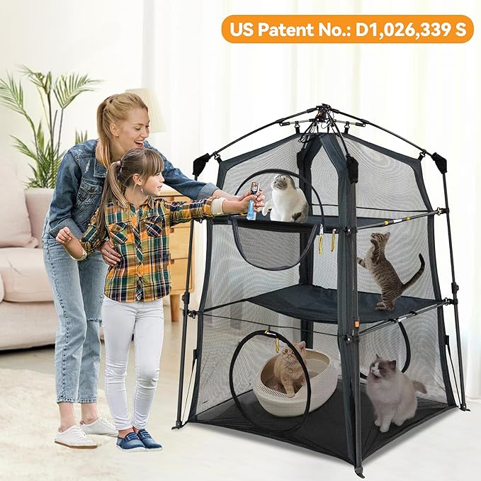 Instant 3-Tier Cat Catio Tent with 2 Interchangeable Covers (Scalloped Green + Black),X-Large Cat Enclosure for Indoor and Outdoor,3 Tier Cat Cage,Two Doors Design can Assemble More Shapes (Patented)