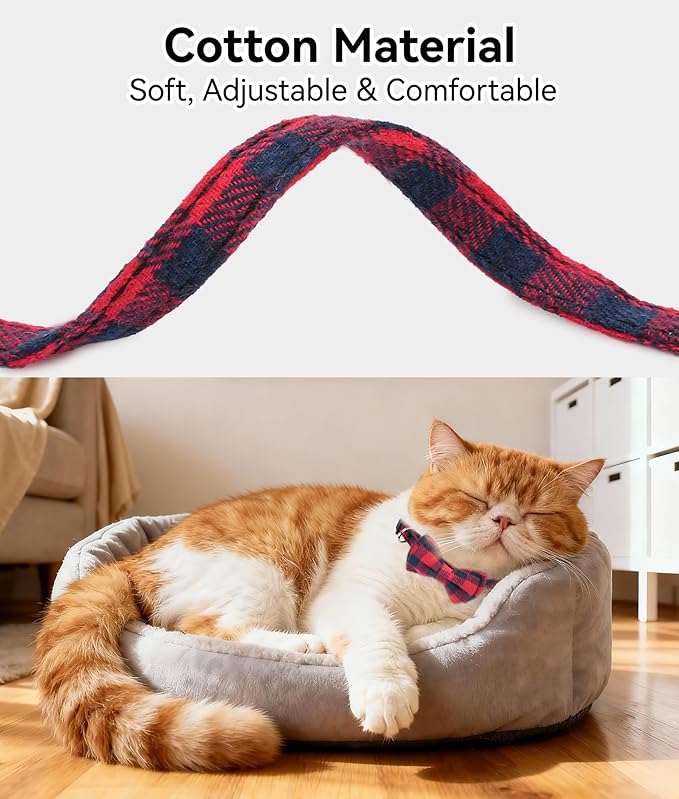 Joytale Upgraded Cat Collar with Bells, Breakaway Cat Collars with Bow Tie, 1 Pack Girl Boy Safety Plaid Kitten Collars, Red
