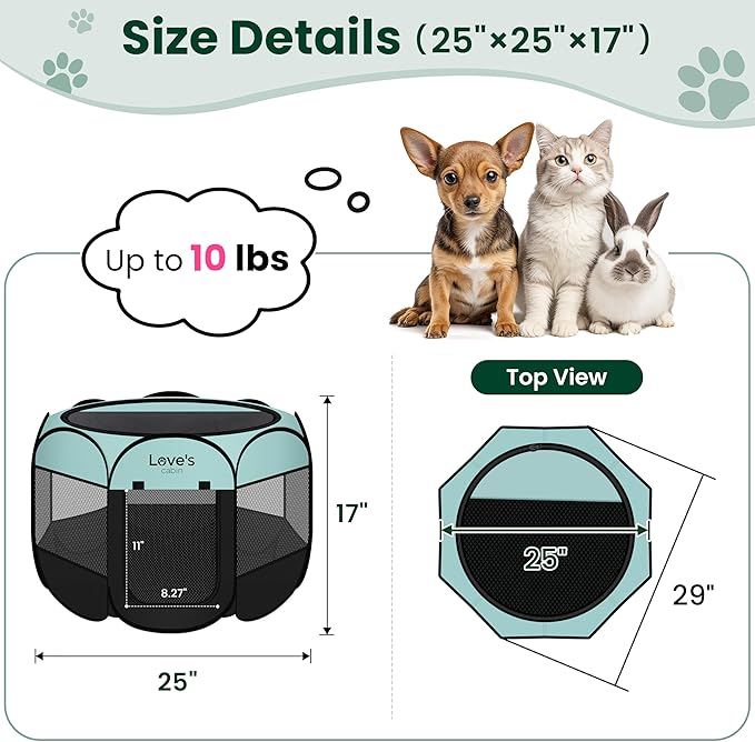 Love's cabin Pet Puppy Dog Playpen, Small Dog Tent Crates Cage Indoor/Outdoor, Portable Playpen for Cat, Foldable Pop Up Dog Kennel Playpen with Carring Case, Removable Zipper Top, Green