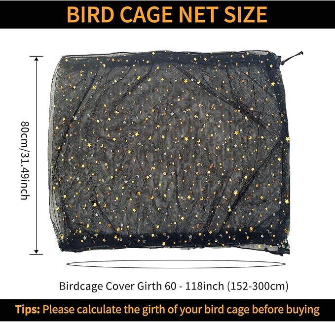 Bird Cage Seed Catcher, 60-118'' Large Bird Cages Cover, 31.5'' H Adjustable Nylon Bird Cage Mesh Net, Soft Airy Bird Cage Skirt Guard Accessories for Parrot Parakeet Macaw (Black)