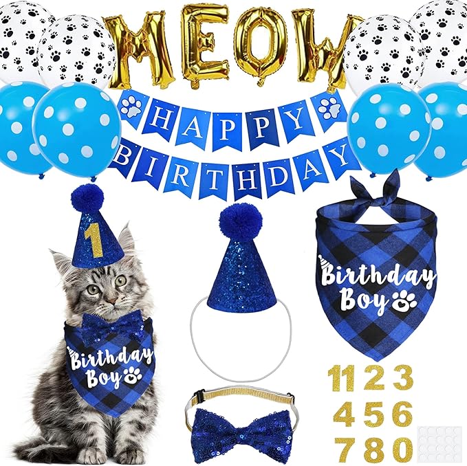 Cat Birthday Party Supplies, Cat Birthday Hat with Number Bandana Bow Tie Banner Balloons Meow Letter Balloons for Cats Kittens Decorations