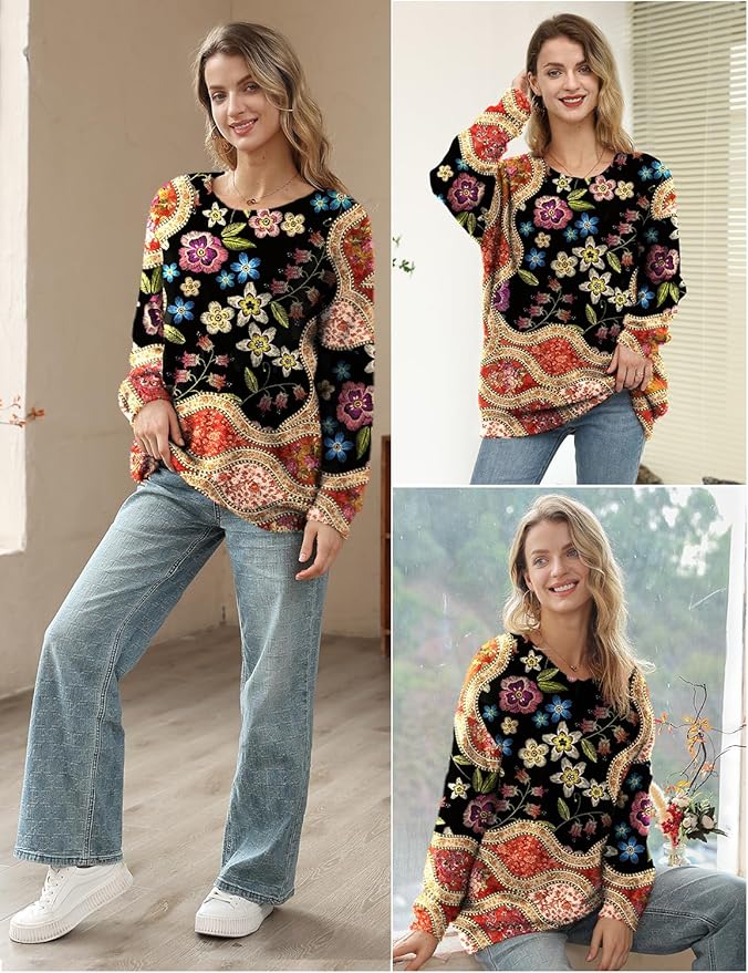 YESNO Women Christmas Sweater Graphic Printed Oversized Pullover Sweaters Casual Loose Knit Tops S01