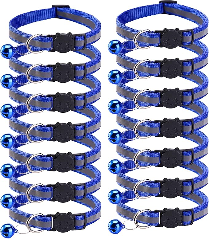 14 Pack Breakaway Cat Collar with Bell, Reflective Kitten Collar for Girl Boy Cats, Safety Buckle Adjustable 7.5-12.5 Inch, 0.4 Inch Width Lightweight, Pet Gifts (Navy Blue)