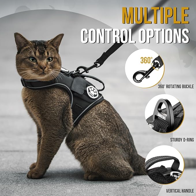 OneTigris Cat Harness and Leash - Escape Proof Soft Adjustable Kitten Harness, Breathable, Comfortable, Durable Water-Resistant Tactical Vest with Reflective Strips and Pocket for Cat Tracker