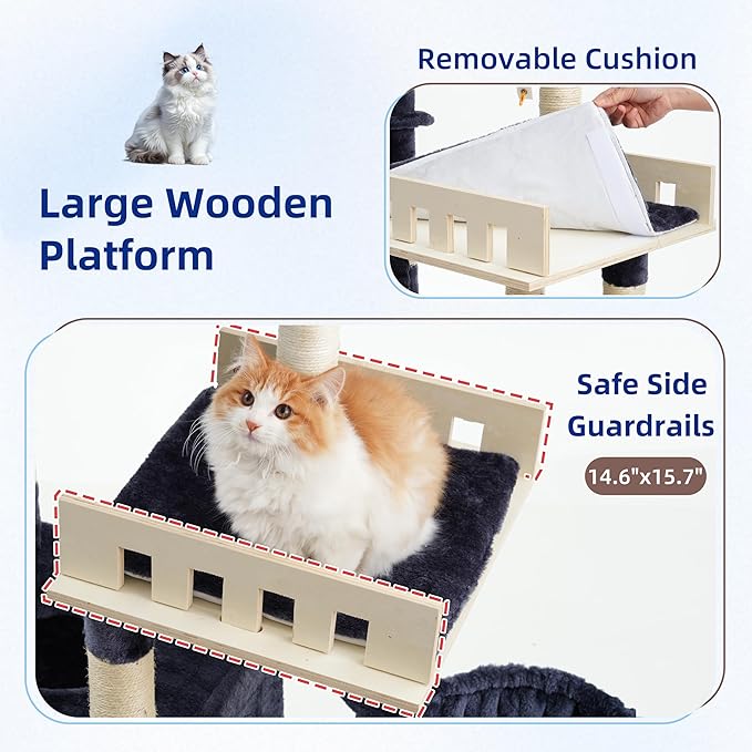 Cat Tree for Indoor Cats Large Adult, Heavy Duty Cat Tree for Large Cats 20 lbs+, Cat Condo with Big Wooden Perch, Cat Tower with 14 Scratching Posts, Hammock, Smoky Gray GCT023G