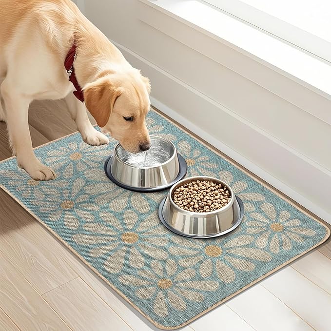 SHIYUE Dog Food Mats for Floors, Absorbent Cat Bowl for Food and Water, Non-Slip Accessories Pet Supplies(16"x24",Sky Blue Flower)