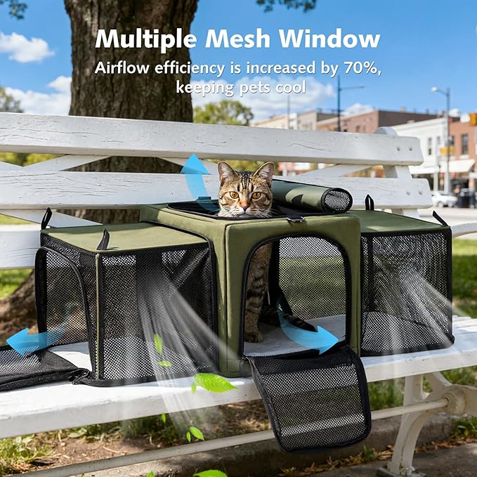 Pecute Cat Carrier Expandable, Stable Pet Carrier with 5mm Thick Steel Wire Frame, Dual-Side 200% Larger Space, Car Travel Carrier with Locking Zippers & Belt, Foldable for Storage,Green