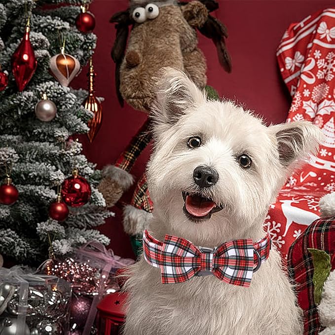 Christmas Dog Collar, Red Plaid Cotton Collars with Bow Adjustable Pet Collar Premium Metal Buckle, Christmas Puppy Necklace for Small Girl and Boy Dogs