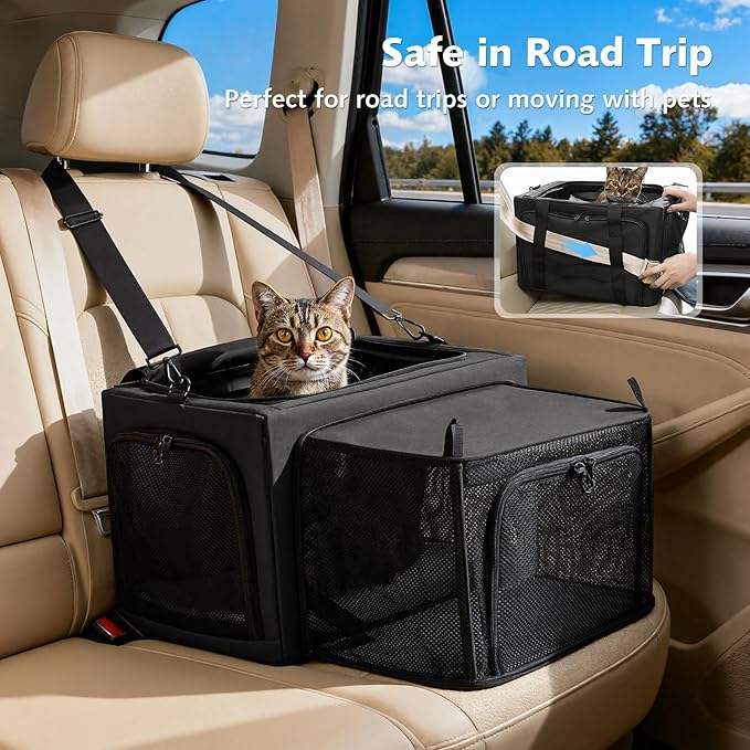 Pecute Cat Carrier Expandable, Stable Pet Carrier with 5mm Thick Steel Wire Frame, Dual-Side 200% Larger Space, Car Travel Carrier with Locking Zippers & Belt, Foldable for Storage, Dark Gray
