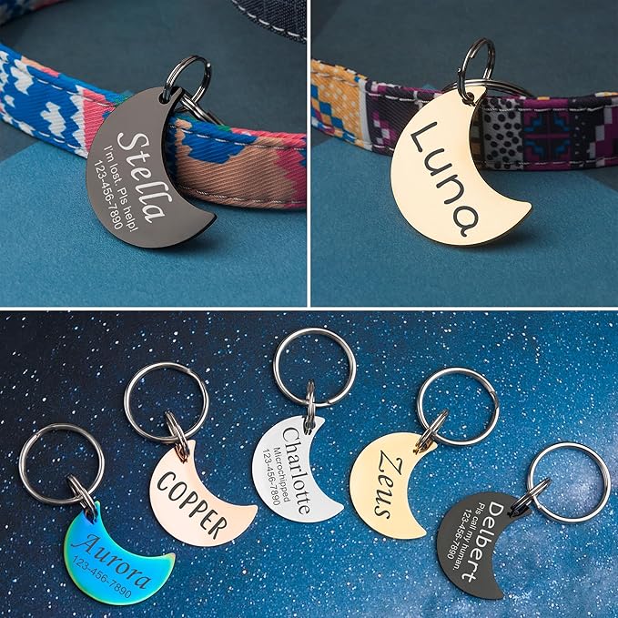 Anavia Personalized Pet ID Tags, Stainless Steel Glossy Laser Engraved Dog Cat Collar Name Tags, Multiple Colors Shapes Sizes (Moon, Small)