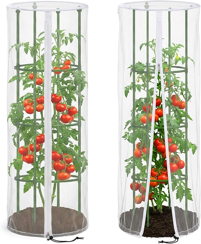 2 Pcs Garden Bird Netting for Round Plant Cage, 59" x 18" Tomato Cage Garden Net Cover with Zipper, Tomato Trellis Insect Bird Barrier Protection Mesh for Vertical Climbing Plants Vegetables Fruits