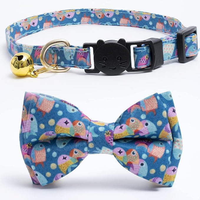 Faygarsle 2 Pack Cotton Designer Breakaway Cats Collar with Bow Tie and Bell Marine Theme Cat Collars for Girl Female Boy Male Cat Collar with Bell Fish Collars for Cats Collar Shell Pattern