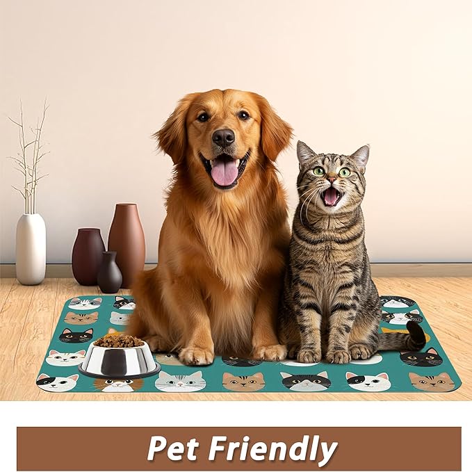 Cute Cat Dog Food Mat,Absorbent Pet Feeding Mat with Rubber Backing,Non-Slip Water Bowl Placemat,Indoor Pet Accessories Supplies 12"x20"