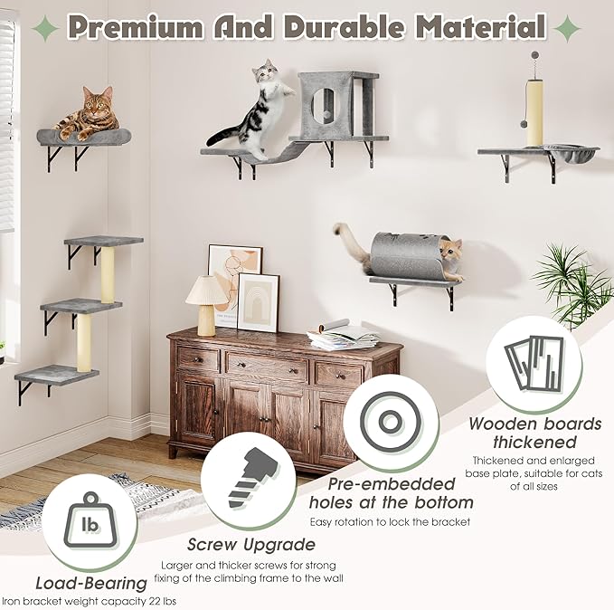 NUNU LAB 7-in-1 Wall Mounted Cat Climber Set, Cat Wall Furniture Set with House, Bridge, Steps, Scratcher Post, DIY Playground, Cat Wall Shelves - Gray