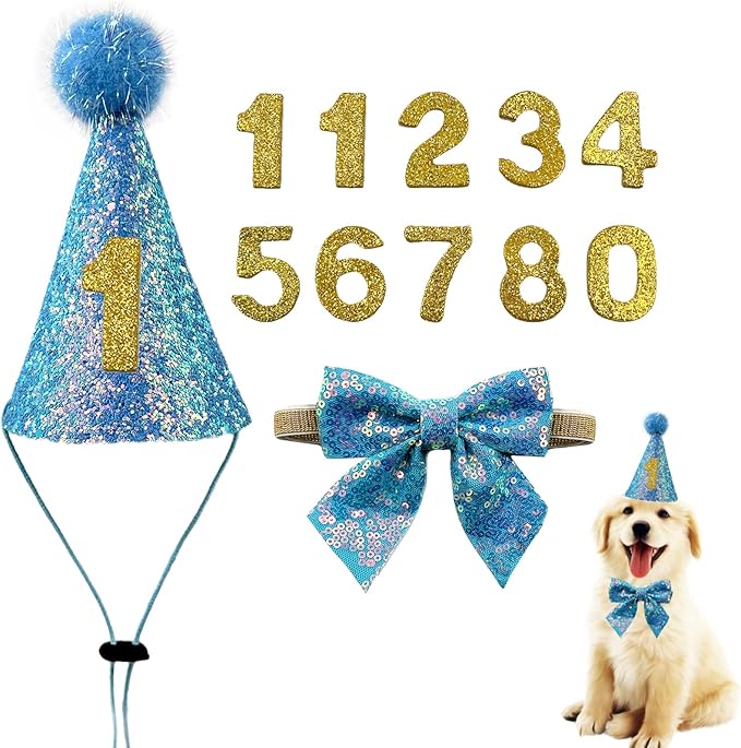 Christmas Pet Party Jazz Hat and Blingbling Bow Tie Breakaway Collar Set, Adjustable Headband for Kitten Puppy Small Dogs Cats (Azure)