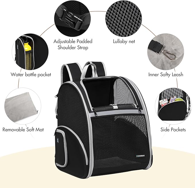 Pet Backpack Carrier, Large Cat Carrier Backpack Up to 20 Lbs with Breathable Mesh, for Medium Large Cats or Small Dogs, Travel Hiking Camping Backpack (Black-XL)