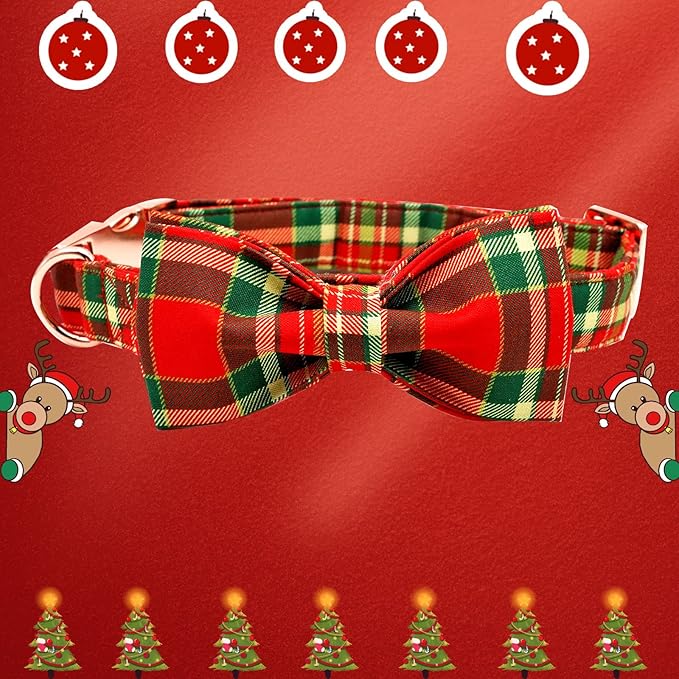 Dog Collar - Christmas Red Plaid Dog Collars Bowtie Gift Soft Bow Collar with Bow Adjustable Metal Buckle Pet Collar for Medium Dogs