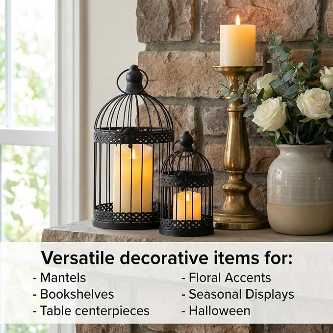 VELA LANTERNS Bird Cage Decor Candle Holder Lantern Decorative Table Centerpiece Halloween Decorations, 10" and 6" Tall, Black, Set of 2