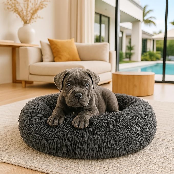 Calming Dog Bed - Fluffy Donut Cuddler for Anxiety Relief, Orthopedic Pet Bed with Non-Slip Bottom, Cozy Round Faux Fur Nest for Dogs and Cats, Plush Crate Mat for Comfort (Dark Grey, Small)