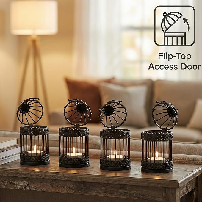VELA LANTERNS 6" Birdcage Decor Candle Holder Lantern Decorative Table Centerpiece Halloween Decorations, Black, Small, Set of 4