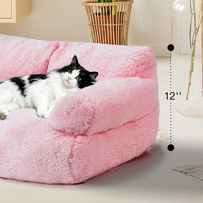 Large Cat Beds for Indoor Cats, Dog Couch Bed, Cute Cat Couch Sofas for Less 20lbs Kitten Puppy, Small Dog Sofas & Chairs with Removable Washable Cover, Soft Warm Pet Furniture, Light Pink
