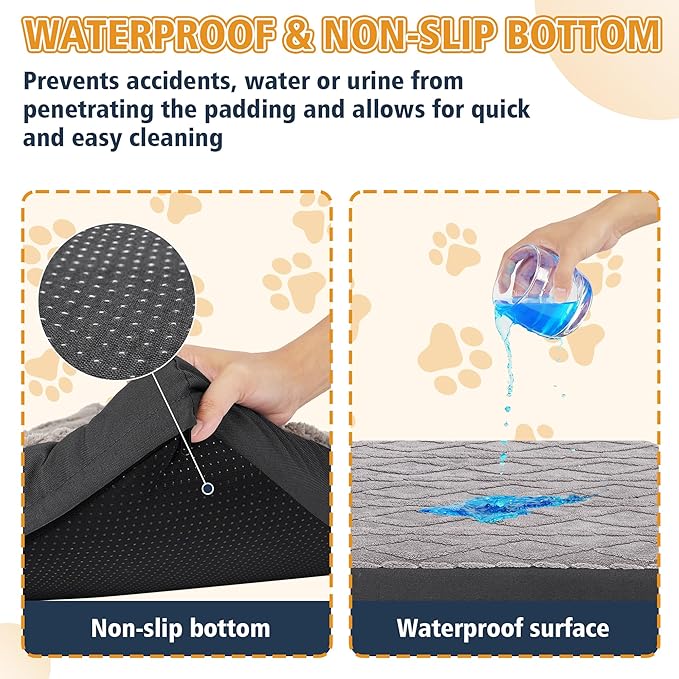 Orthopedic Dog Beds Large Sized Dog – Waterproof Plush Pet Mattress with Removable Washable Cover, Non-Slip Bottom, Memory Foam Mat for Crate, 35x22 Inch, Grey