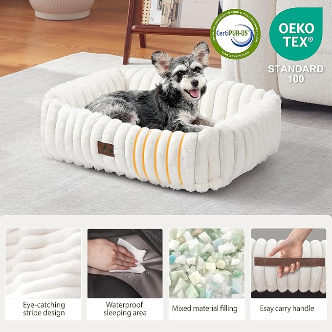 Washable Dog Bed for Small Medium Dogs - Rectangle Orthopedic Corduroy Fleece Pet Bed with Removable Cover and Nonskid Bottom, Calming Puppy Bed Soft Pet Sofa, Cream(20x19x6inchs)