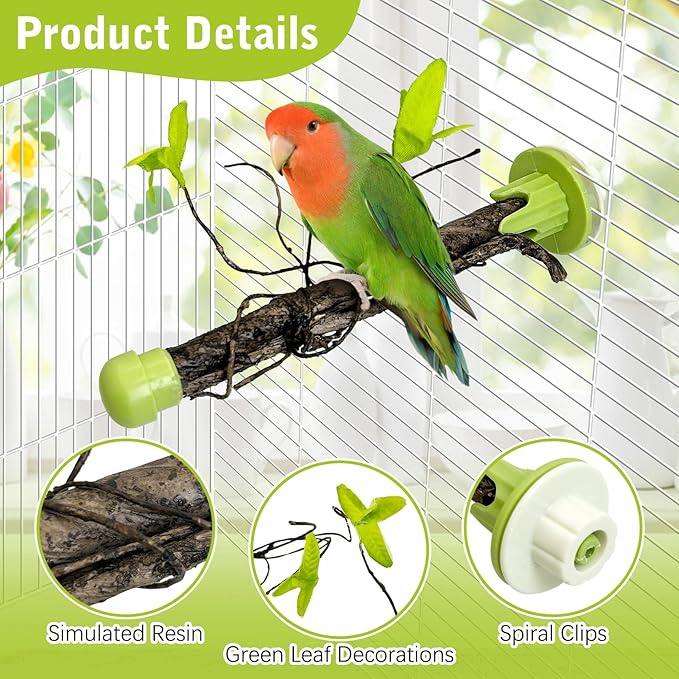 PINVNBY 3 PCS Bird Perches Simulation Branch Parrot Cage Perch Stand with Green Leaf Hanging Paw Grinding Fork Cage Accessories for Parakeets Budgies Finches Cockatiels Conures