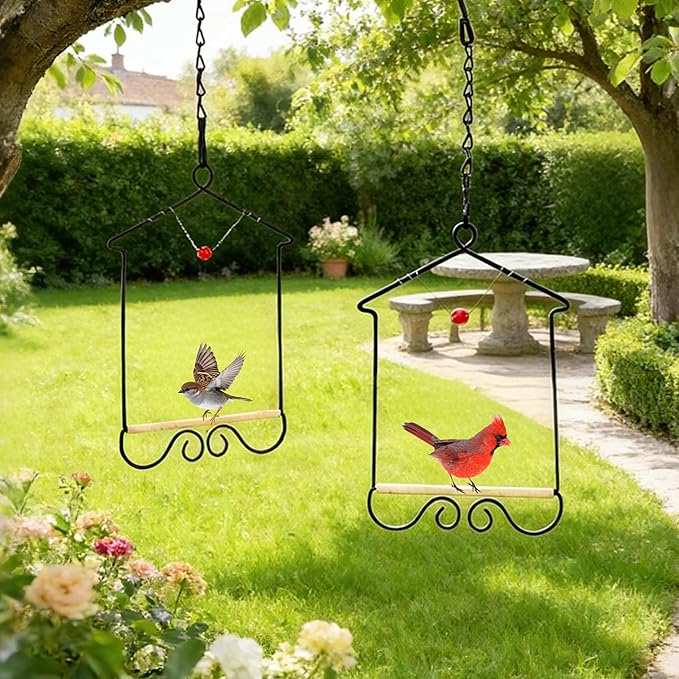 4PK Metal Frame Hummingbird Swings and Perches with Wooden Dowel Black Bird Swing Outdoor Bird Perch Humming Bird Swing