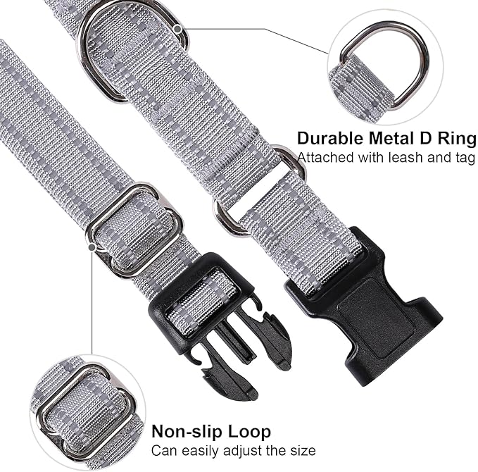 Martingale Dog Collar, Adjustable Nylon Reflective Collar with Buckle No Pull Dog Collar for Small Medium Large Dogs (Grey, M)