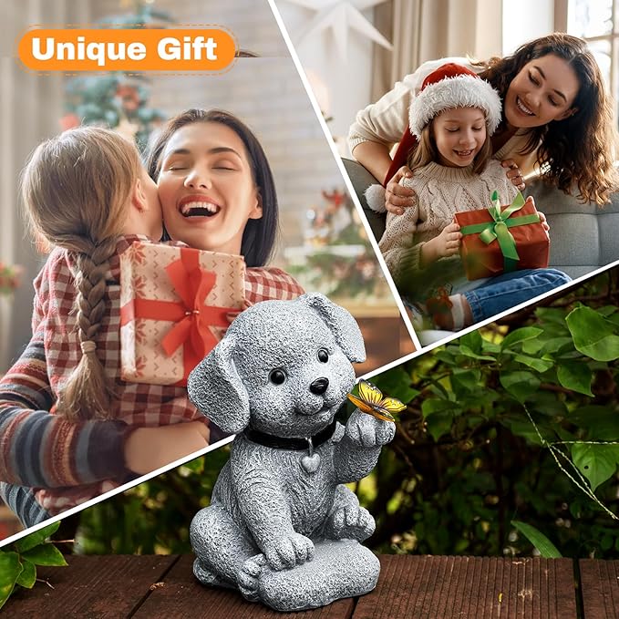 Solar Dog Garden Statue with Lantern Light – 8.2in Outdoor Dog Figurine for Women, Mom, Grandma,Garden Gifts，Home Decoration with Butterfly