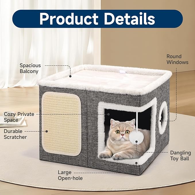 Shikha Cat Beds for Indoor Cats, Large Cat Cave with Cozy Condo, Fluffy Ball, Round Window, Foldable Indoor Cat House Hold Up to 30LBS, Cat Hideaway with Reversible Cushions for All Seasons, Grey