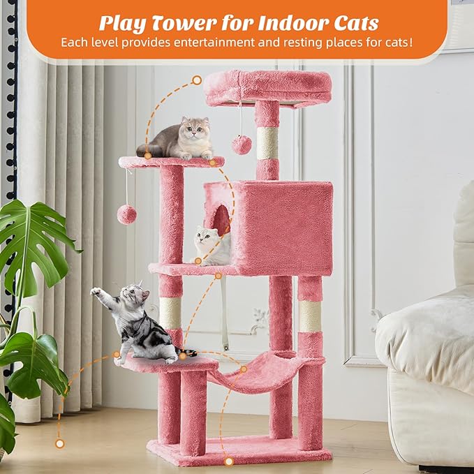 Sweetcrispy 44 Inch Cat Tree Tower, Cat Climbing Tower with Natural Sisal Scratching Posts, Hammock, Pet Condo for Indoor Cats and Kittens Play, Pink